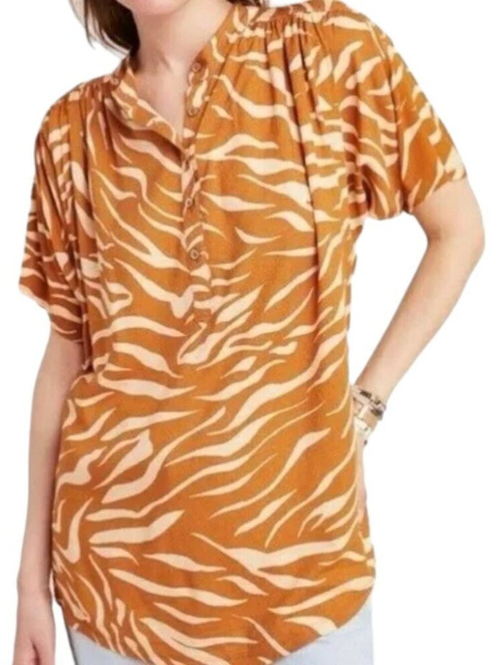 Maeve Anthropologie Windham Zebra Print Short Sleeve Blouse Henley Size XL Cedar